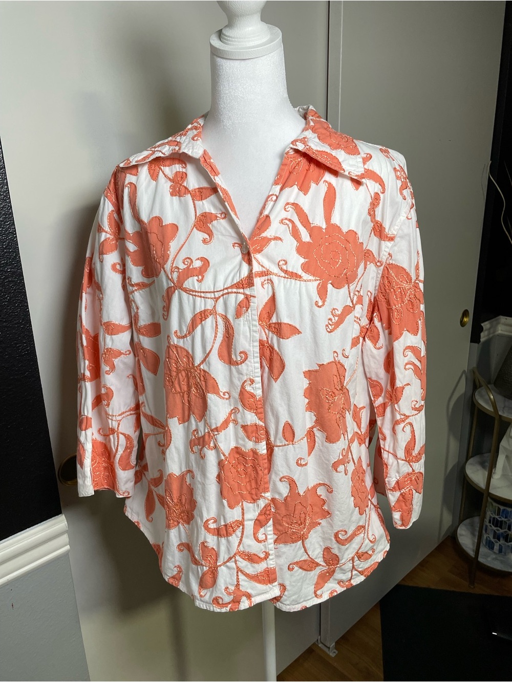 White Button-Down Shirt with Coral-Orange Floral Embroidery